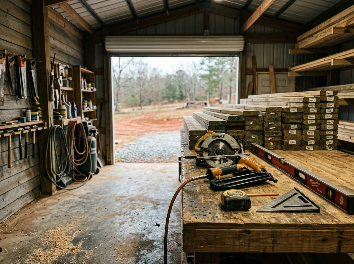Carpentry tools and framing materials organized on a work site, ready for deck and home construction projects.