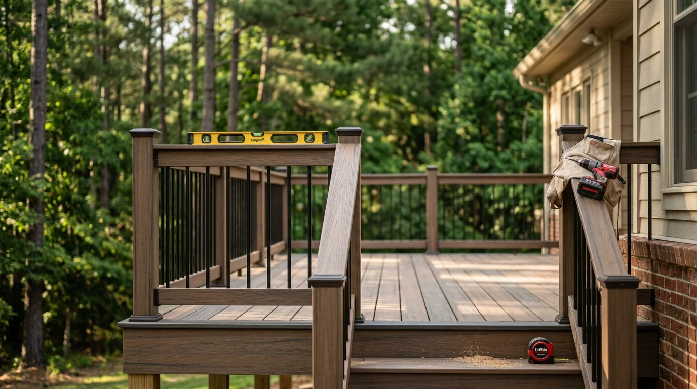 Carpenter installing custom deck railing in Lawrenceville