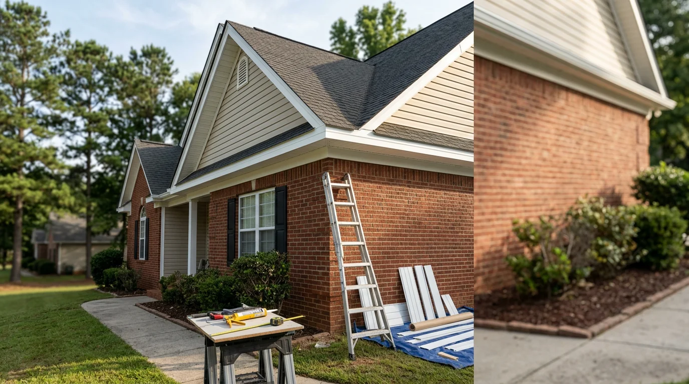 Handyman repairing soffit and fascia on residential home