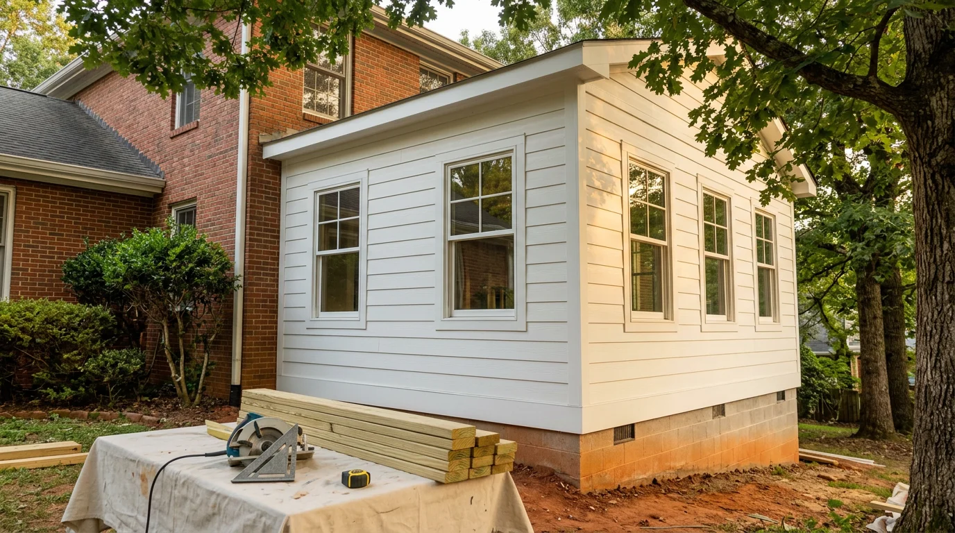 Home addition under construction showing framing and new exterior