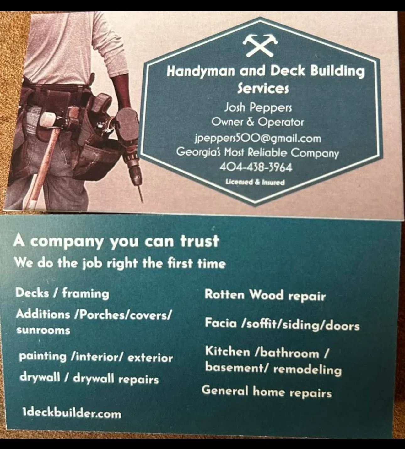 Handyman with tool belt displaying deck building and general home repair service offerings