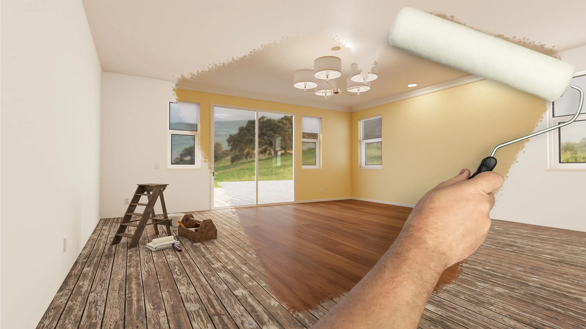 Interior room with yellow painted walls, white ceiling, drywall finishing, and wooden flooring