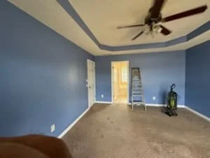 Blue painted interior room with white trim, ceiling fan, and finished drywall