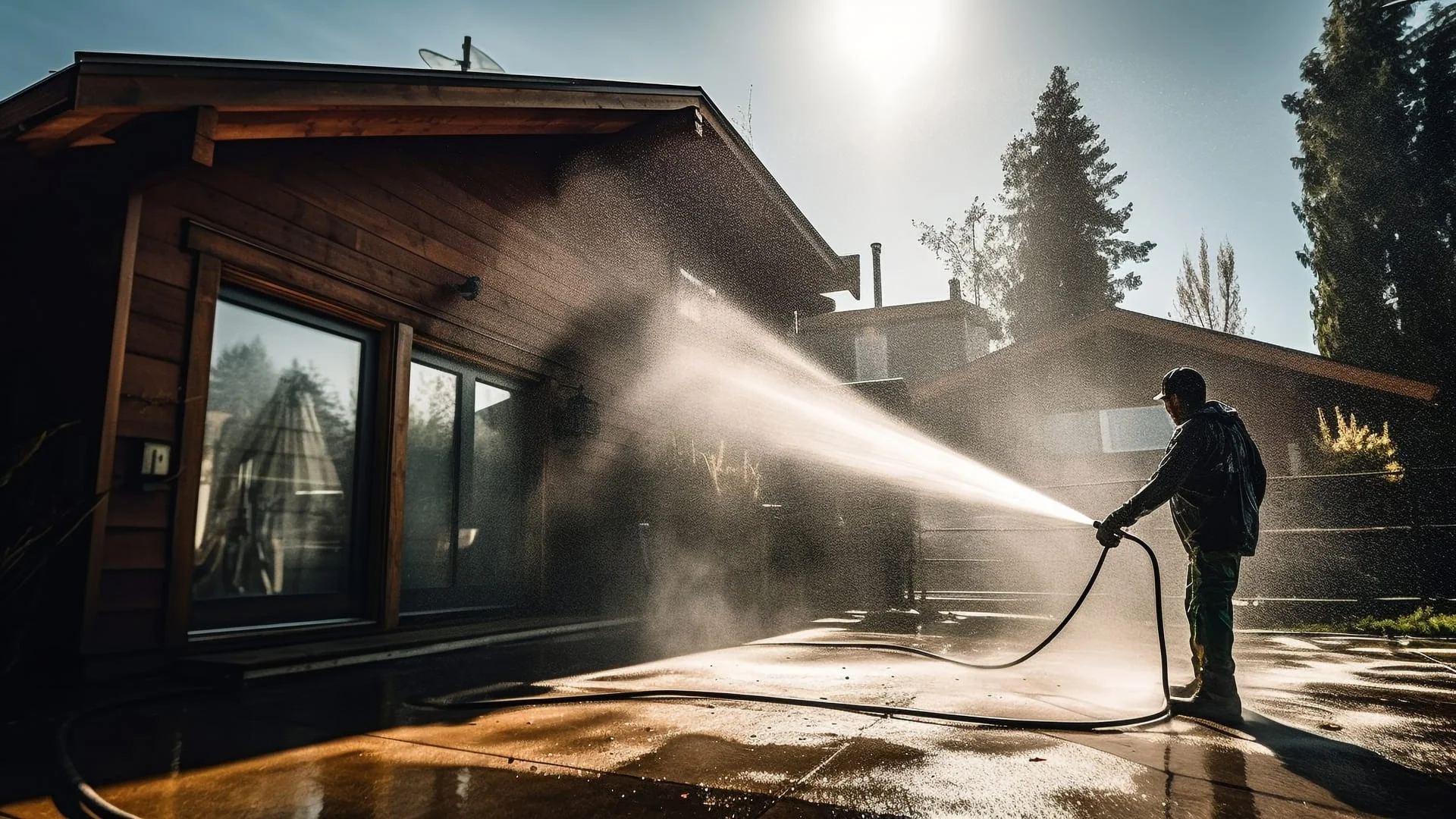 Pressure washing brick exterior and concrete patio with high-pressure spray equipment