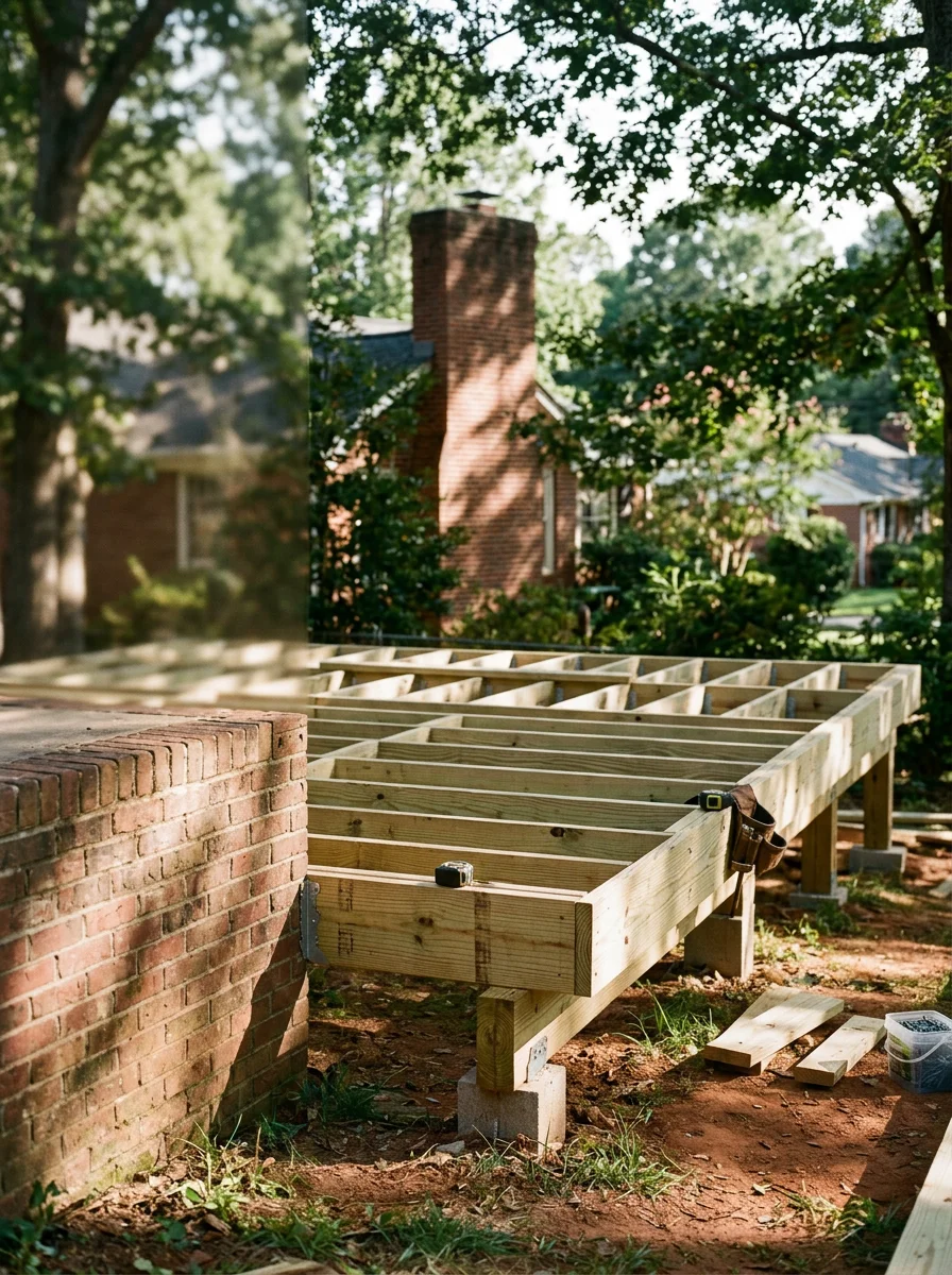 New wood deck framing under construction on a smaller in-town lot in Athens, GA, with mature hardwood trees along the property line and original brick foundation of the home visible in the background.