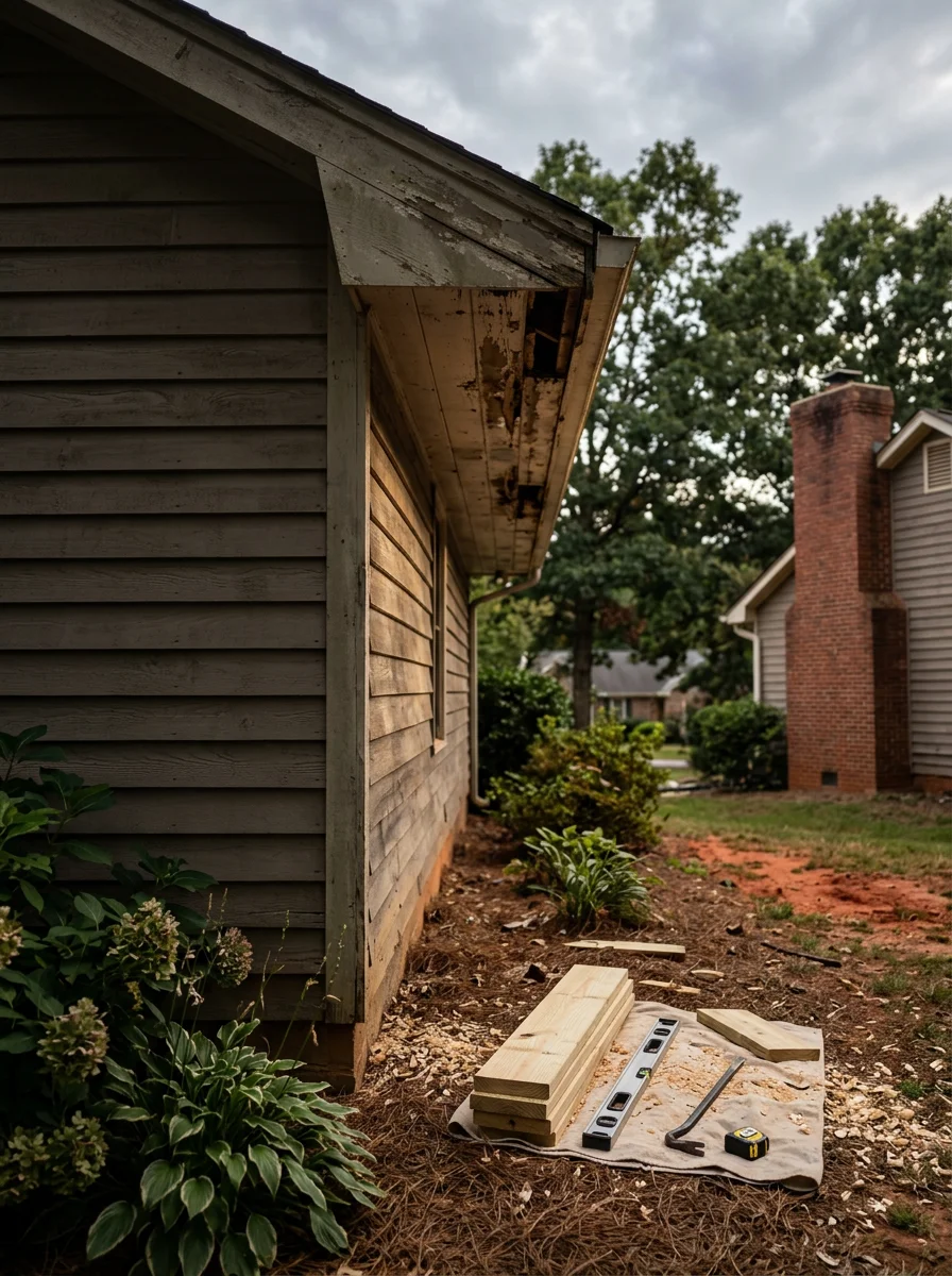 A carpenter inspecting rotten soffit boards on an older wood-framed home in Barrow County, GA, with replacement lumber and tools staged on the ground below.