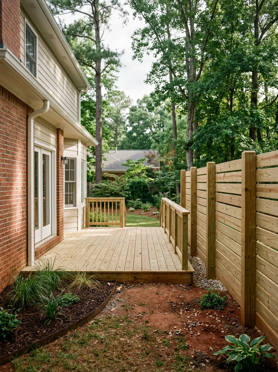 A newly built wood deck with privacy fence panels attached to a two-story home in a Lawrenceville, GA subdivision, with a moderate-sized backyard lot and Georgia clay soil at the fence post bases.