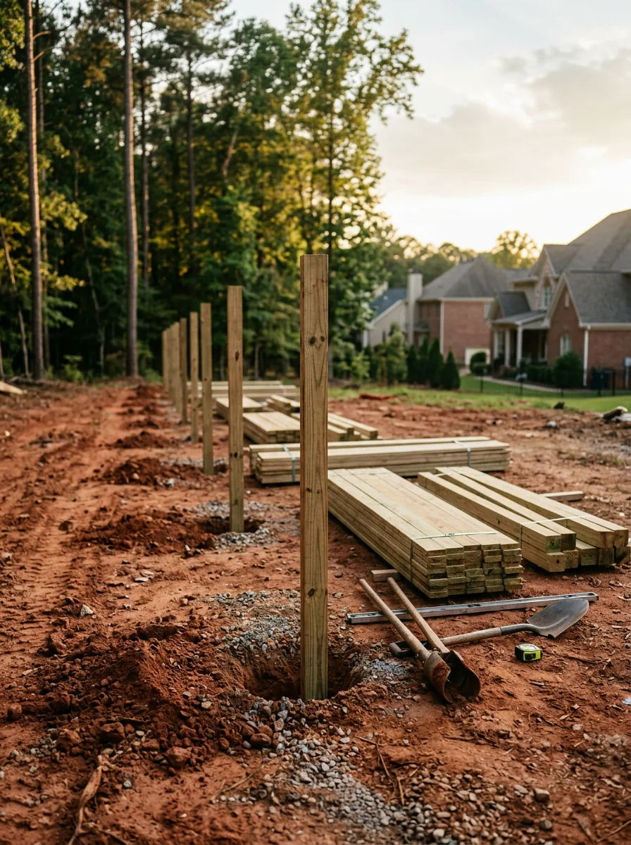 A privacy fence installation in progress on a larger Loganville, GA residential lot, with post holes dug in Georgia red clay soil and pressure-treated lumber staged along the fence line.