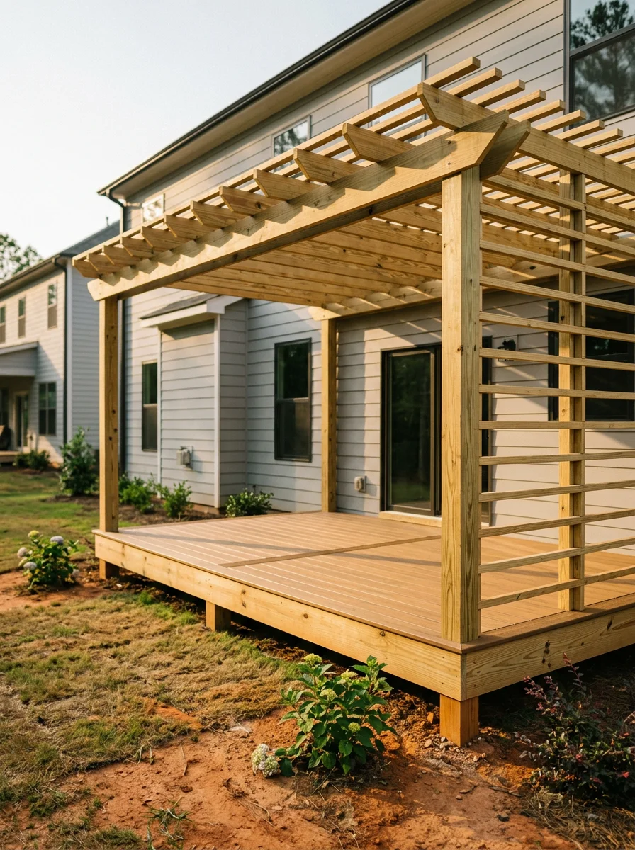A freshly built wood deck with pergola framing attached to a newer subdivision home in Monroe, GA, with a graded residential lot and Georgia red clay soil visible at the base.