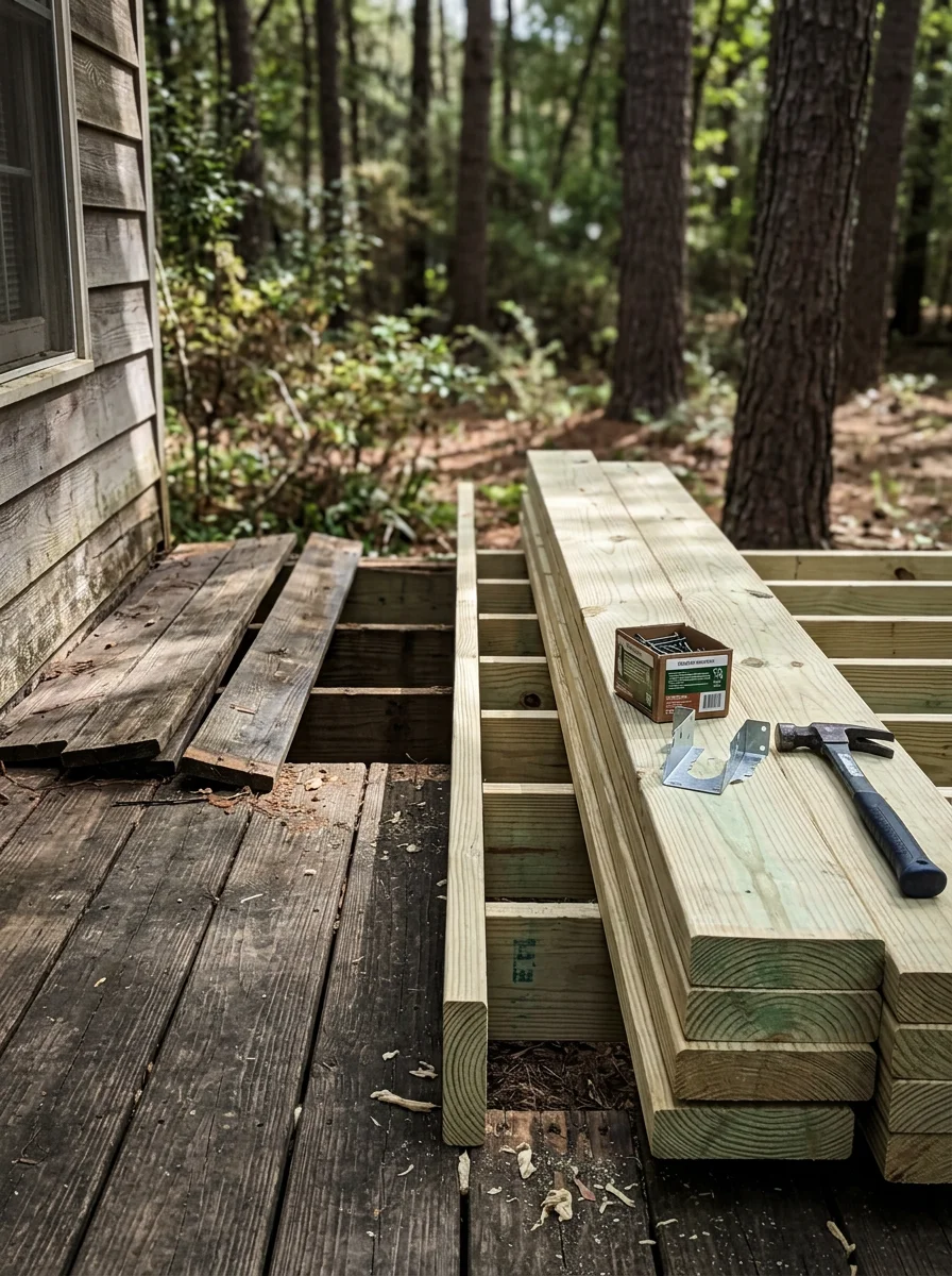 A carpenter replacing a rotten deck ledger board on a home near a creek corridor in Bogart, Georgia, with new pressure-treated lumber staged on the ground.