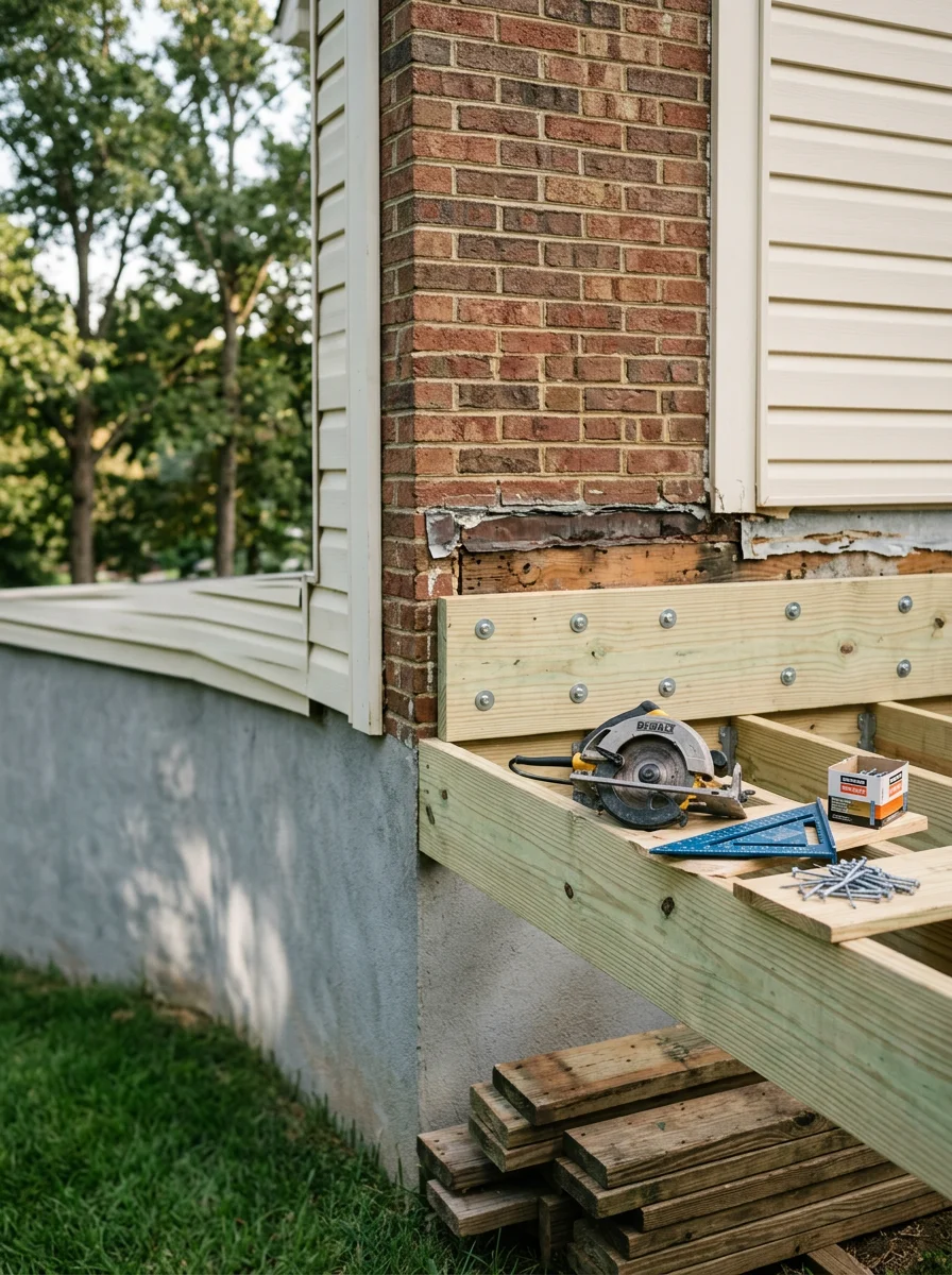 A deck board and ledger replacement in progress on a 1990s residential home in Snellville, GA, with the old ledger removed and new pressure-treated framing being attached to the house rim joist.