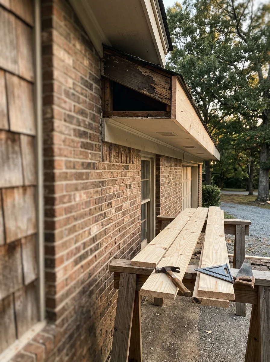 Close-up of a carpenter replacing rotten fascia board on a 1980s brick-and-wood ranch home in Winder, GA, with fresh exterior-grade lumber staged nearby.
