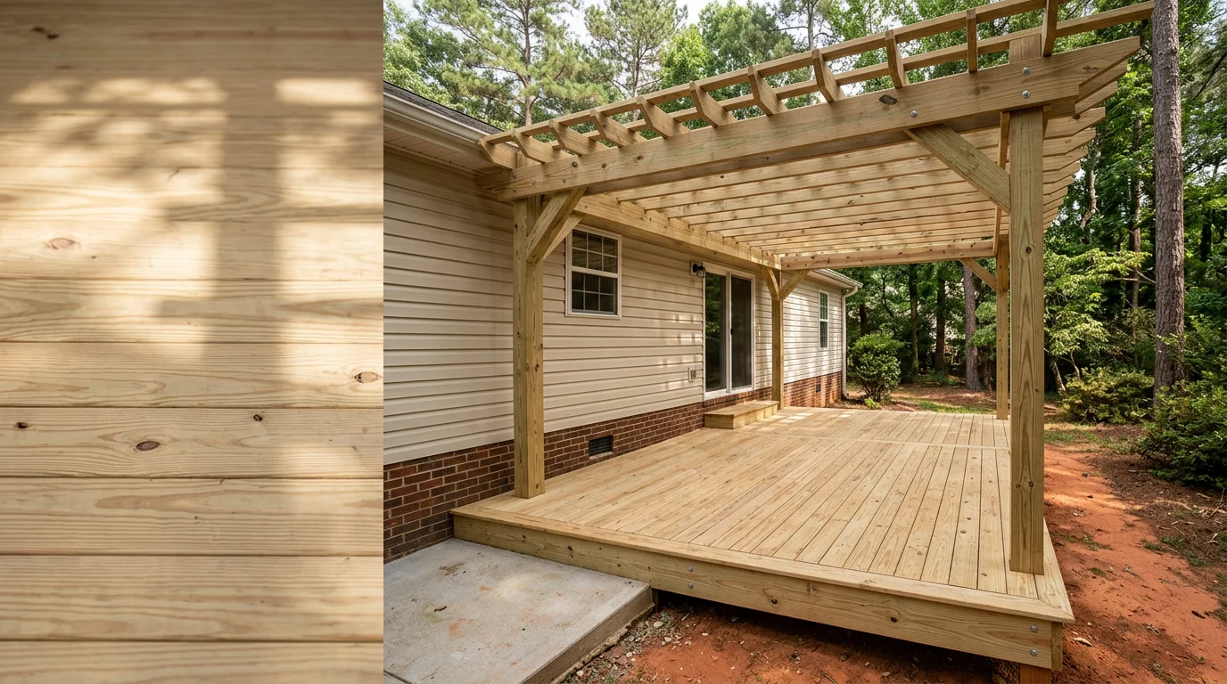 A newly built pressure-treated wood deck attached to a ranch-style home in Winder, Georgia, with pergola framing visible and a wooded backyard lot behind it.
