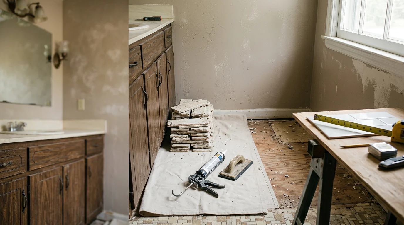 A fully remodeled bathroom in a Winder, Georgia home showing new tile work, an updated vanity, and a refreshed shower surround. The space reflects a clean, functional layout typical of Barrow County residential remodeling work.