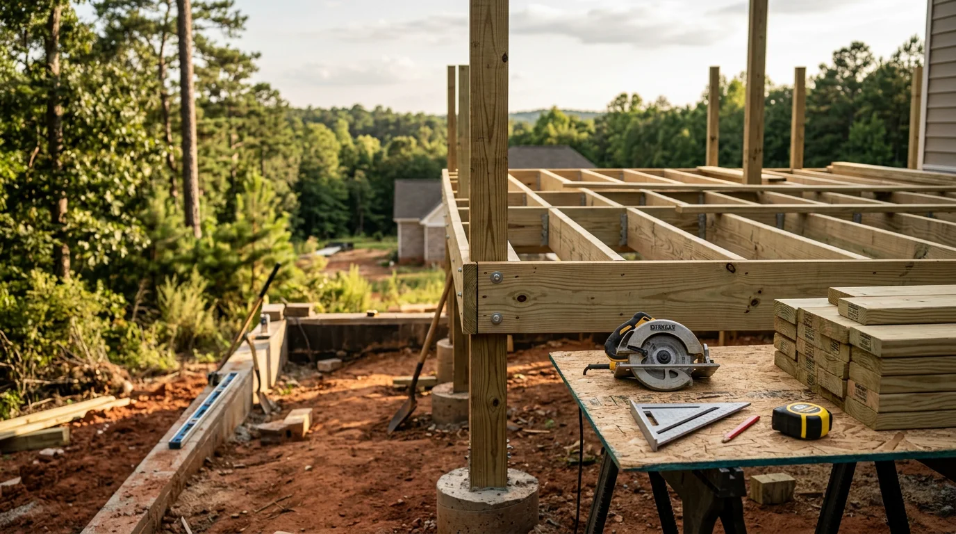 A newly built wood deck attached to the back of a residential home in Winder, Georgia, featuring clean board lines, a stair section, and railing framing. The deck overlooks a grassy backyard typical of homes across Barrow County.