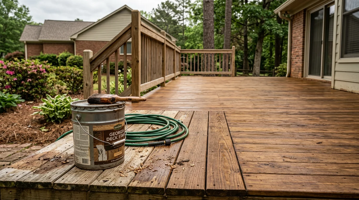 A freshly stained wood deck on a residential home in Winder, Georgia, with even color coverage across the boards and clean edges along the railing. The deck surface shows restored wood tone after professional prep and stain application.