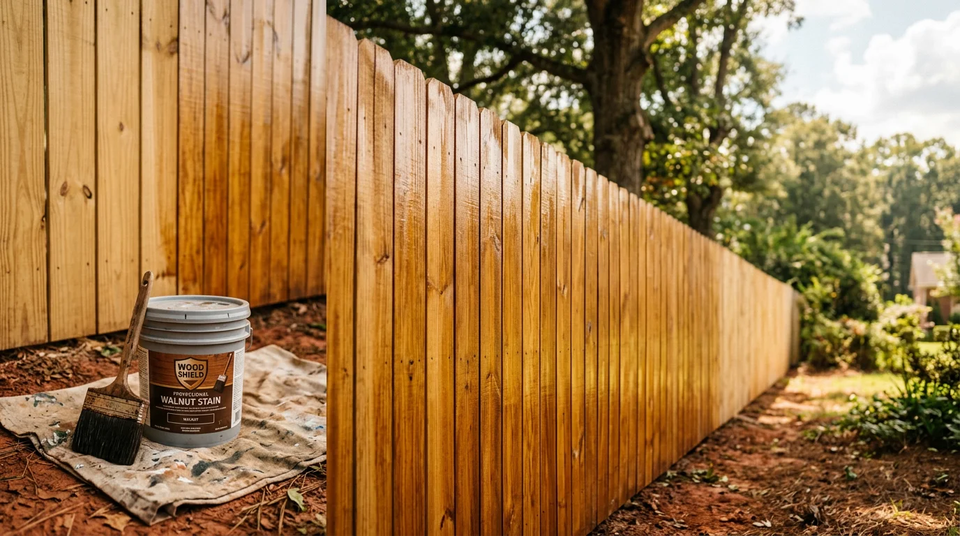 A freshly stained wood privacy fence in a residential backyard in Winder, Georgia, showing even stain coverage across all boards with no fading or gray weathering visible.