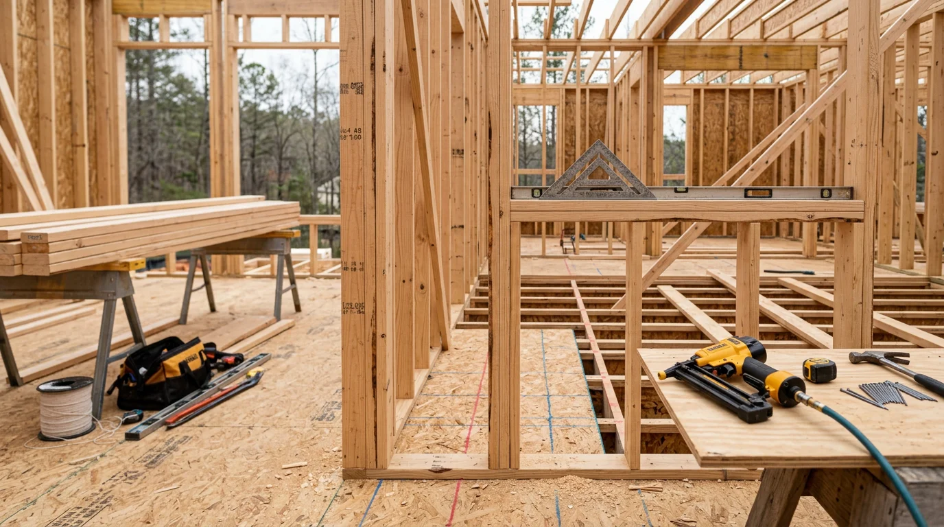 A carpenter framing interior walls on a residential addition in Winder, Georgia, with exposed wood studs and a partially completed structural layout visible. The work shows a room addition in progress on a single-family home in Barrow County.