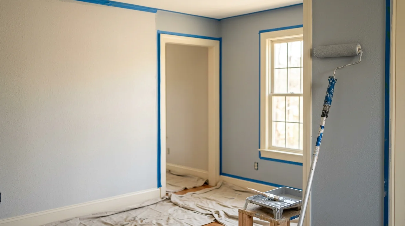 Freshly painted interior living room walls and white trim inside a home in Winder, Georgia. Clean, even coverage on walls and ceiling with no visible brush marks or drips.