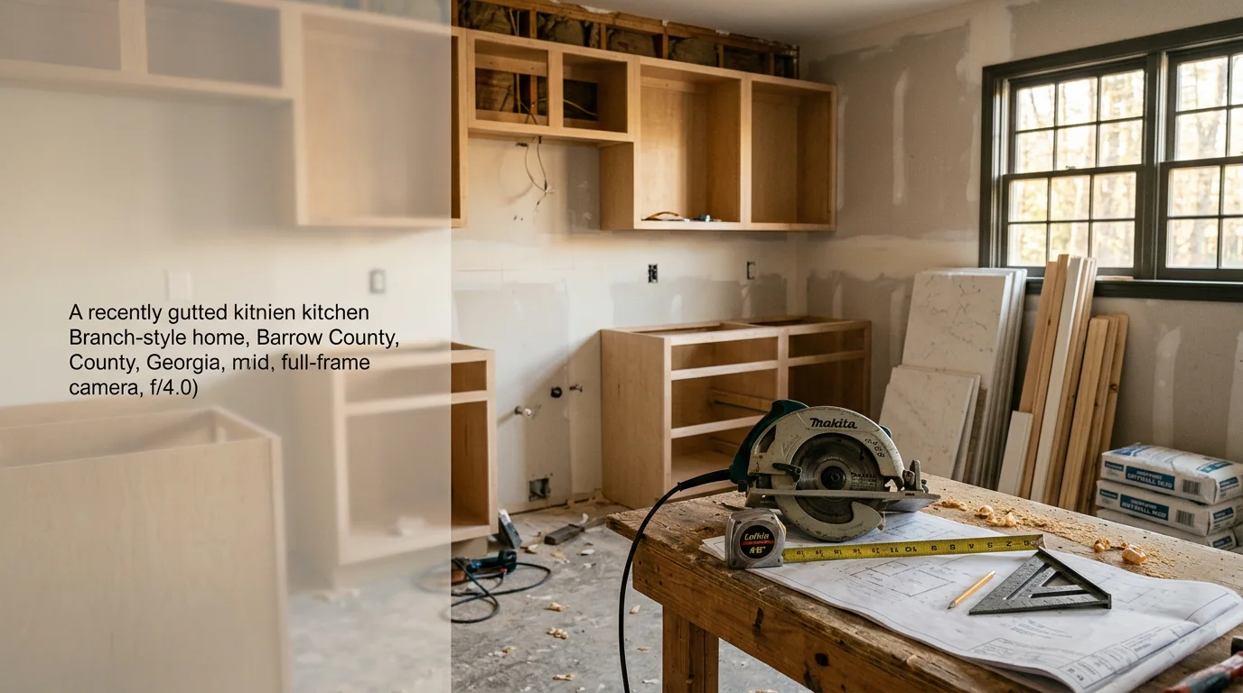 A remodeled kitchen in a Winder, Georgia home showing updated cabinetry, new countertops, and improved layout. Work completed by Handyman And Deck Building Services serving Barrow County and surrounding areas.