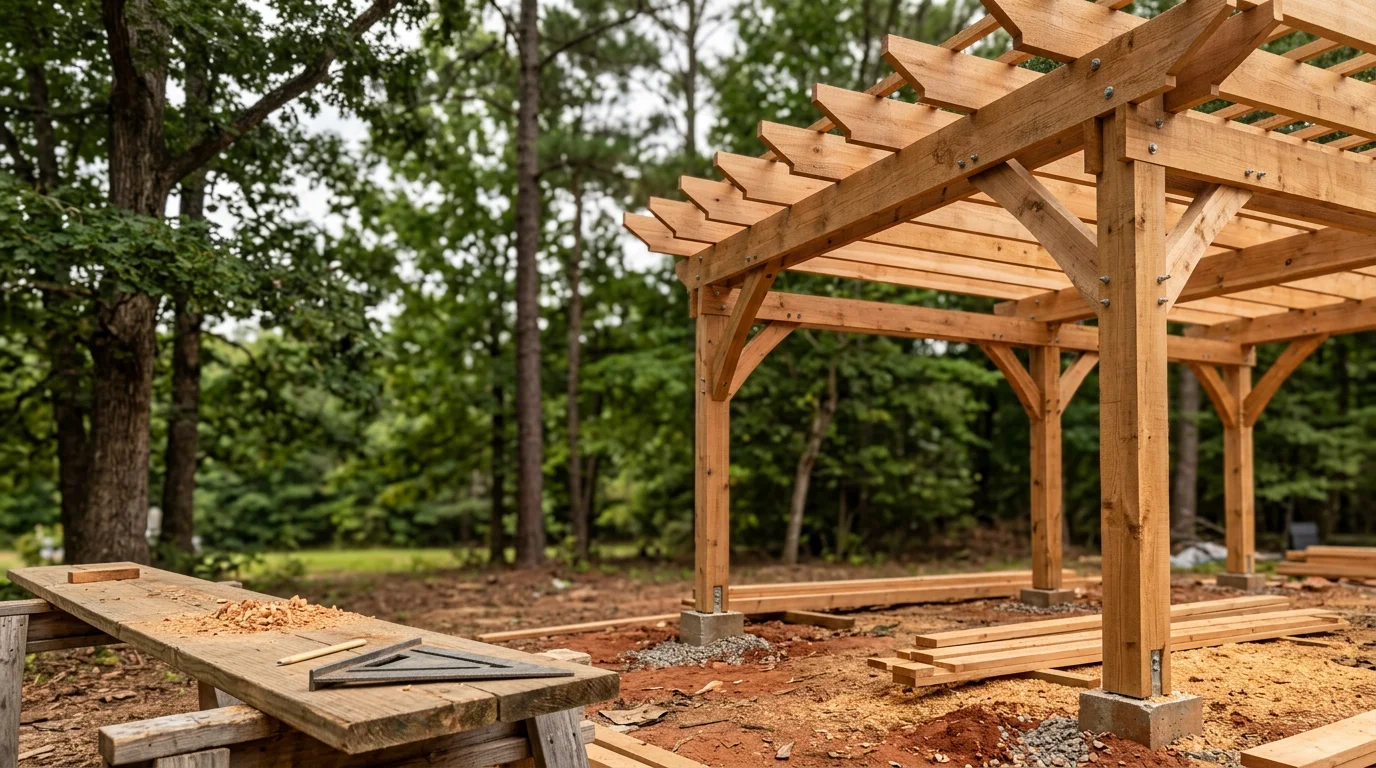 A custom wood pergola installed in a residential backyard in Winder, Georgia, with open roof beams and post anchors set on a concrete patio. The structure provides partial shade over an outdoor seating area surrounded by a typical Georgia yard.