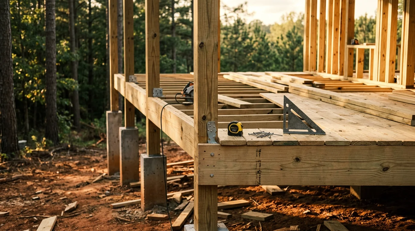 A newly constructed covered porch on a residential home in Winder, Georgia, featuring wood framing, a finished roof, and painted railings. The porch extends across the rear of the home with a view of a wooded backyard typical of Barrow County properties.