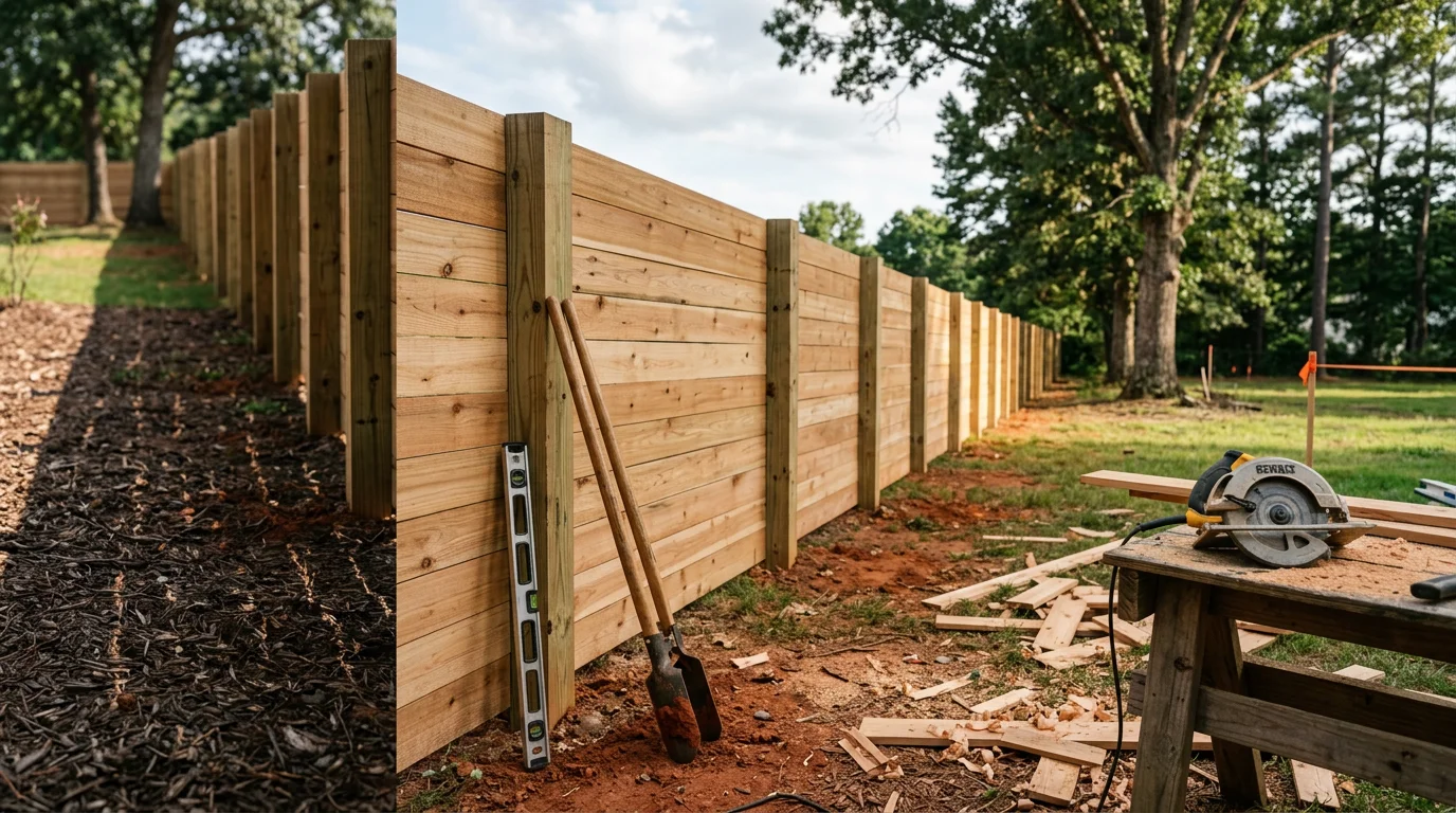 A newly installed wood privacy fence running along the backyard boundary of a residential property in Winder, Georgia. The fence features solid vertical boards with a gate, set against a green lawn under a clear sky.