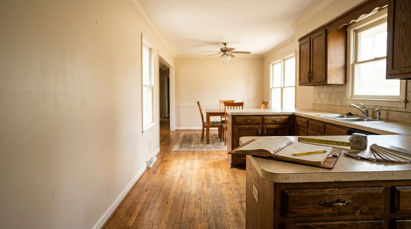 A contractor and homeowner reviewing an interior space during a remodeling consultation inside a residential home in Winder, Georgia. The walkthrough focuses on an existing living area being evaluated for renovation scope and layout changes.