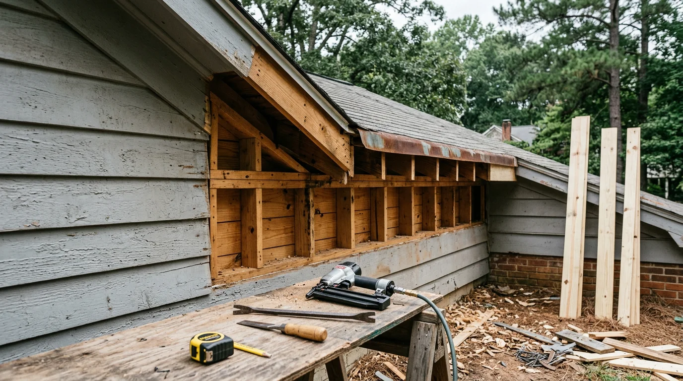Rotted fascia board and window trim on a residential home in Winder, Georgia being replaced with new sound wood by a carpenter. Repaired exterior trim ready for priming on a single-family home in Barrow County.