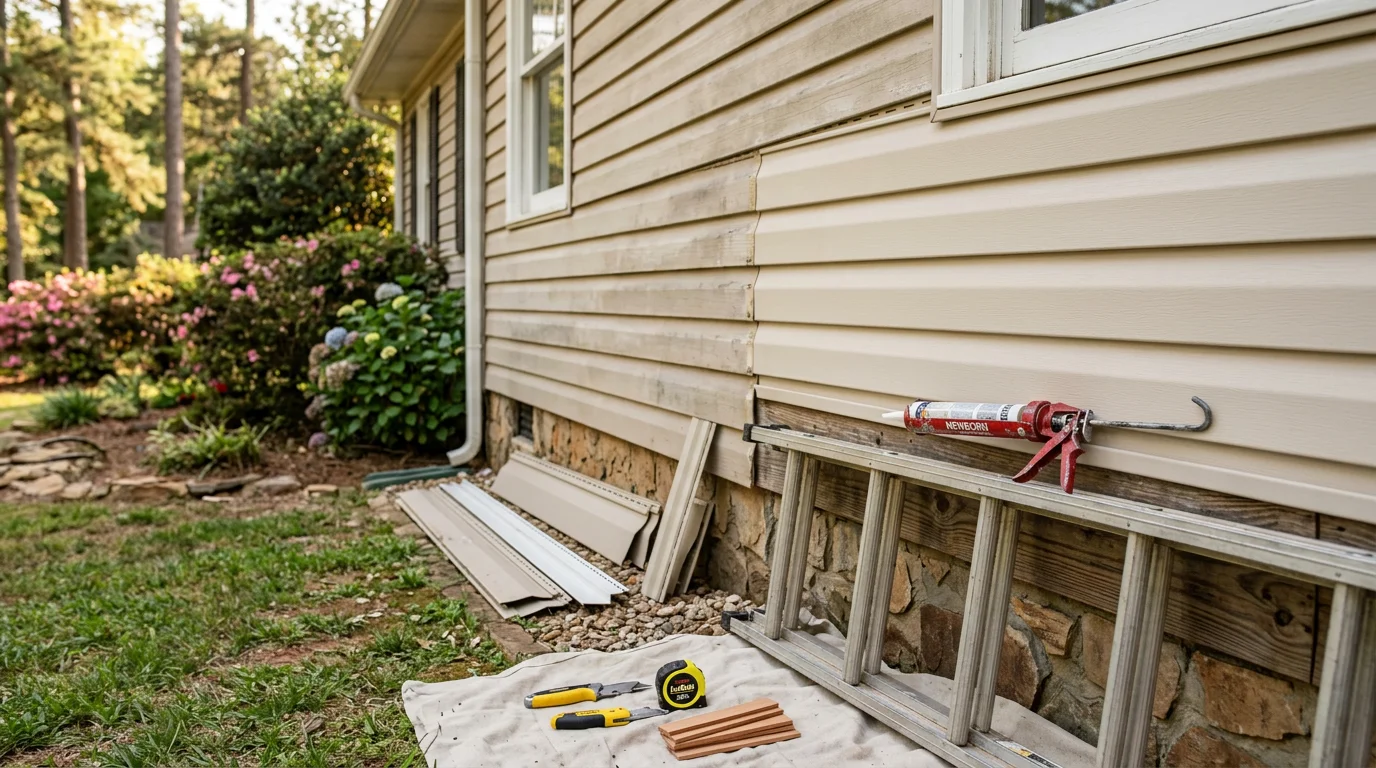 A repaired section of exterior siding on a single-family home in Winder, Georgia, showing clean panel alignment and no visible gaps or damage. The repair blends with the surrounding siding on a residential street typical of the Barrow County area.