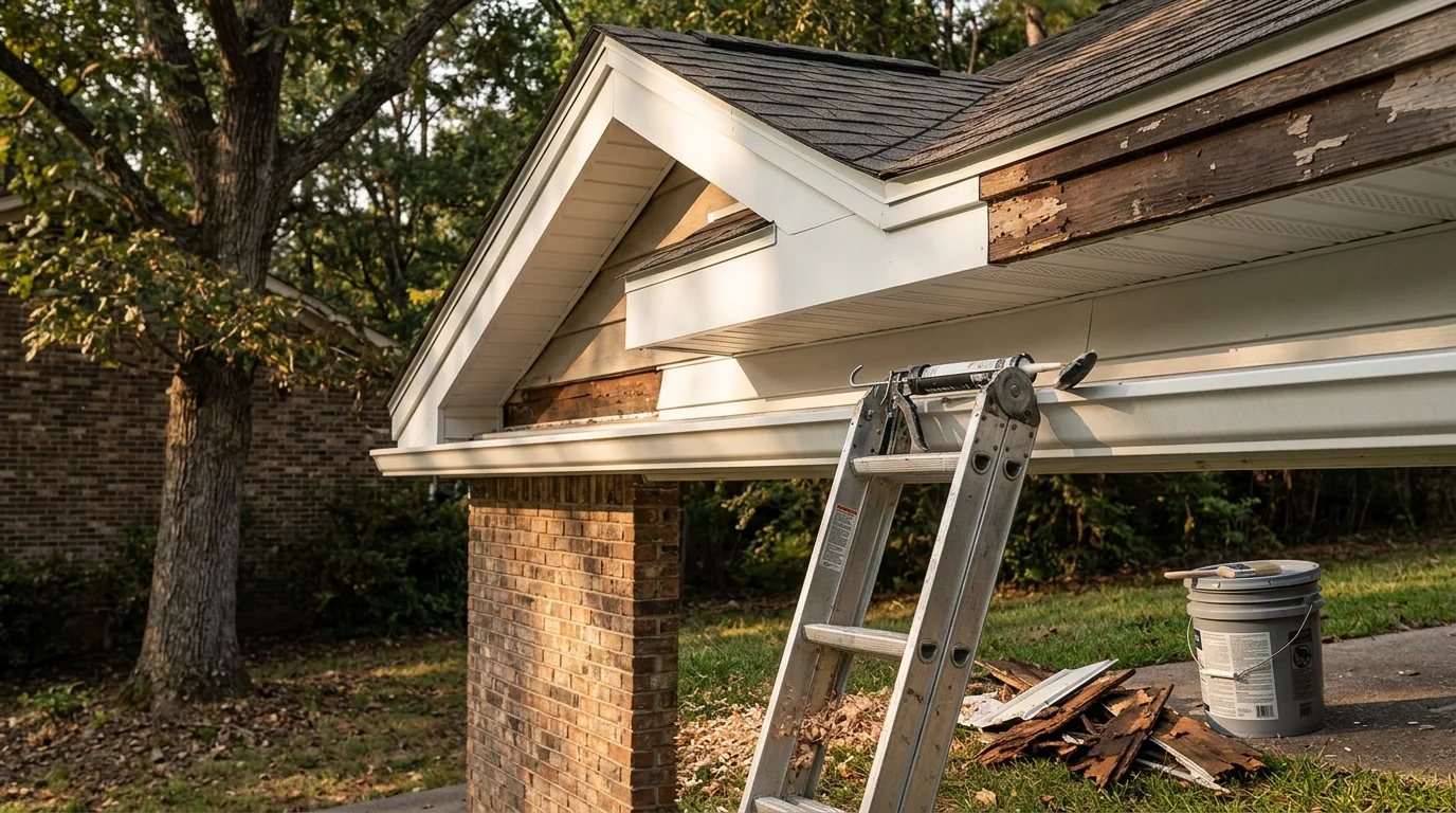 Repaired soffit and fascia boards along the roofline of a residential home in Winder, Georgia, showing clean wood replacement and properly seated gutters. Close view of the eave area with no visible rot, gaps, or sagging panels.